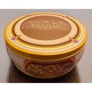 Chex Party Mix Tin Vintage 1980 Round Yellow Recipe In Lid 8" Four Seasons Nice!